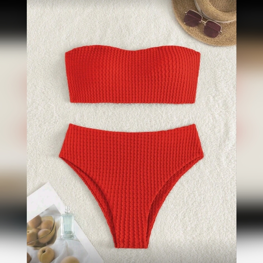 NWOT Swim Mod Solid Color Crinkle Bandeau Bikini Set, L (8-10), Red